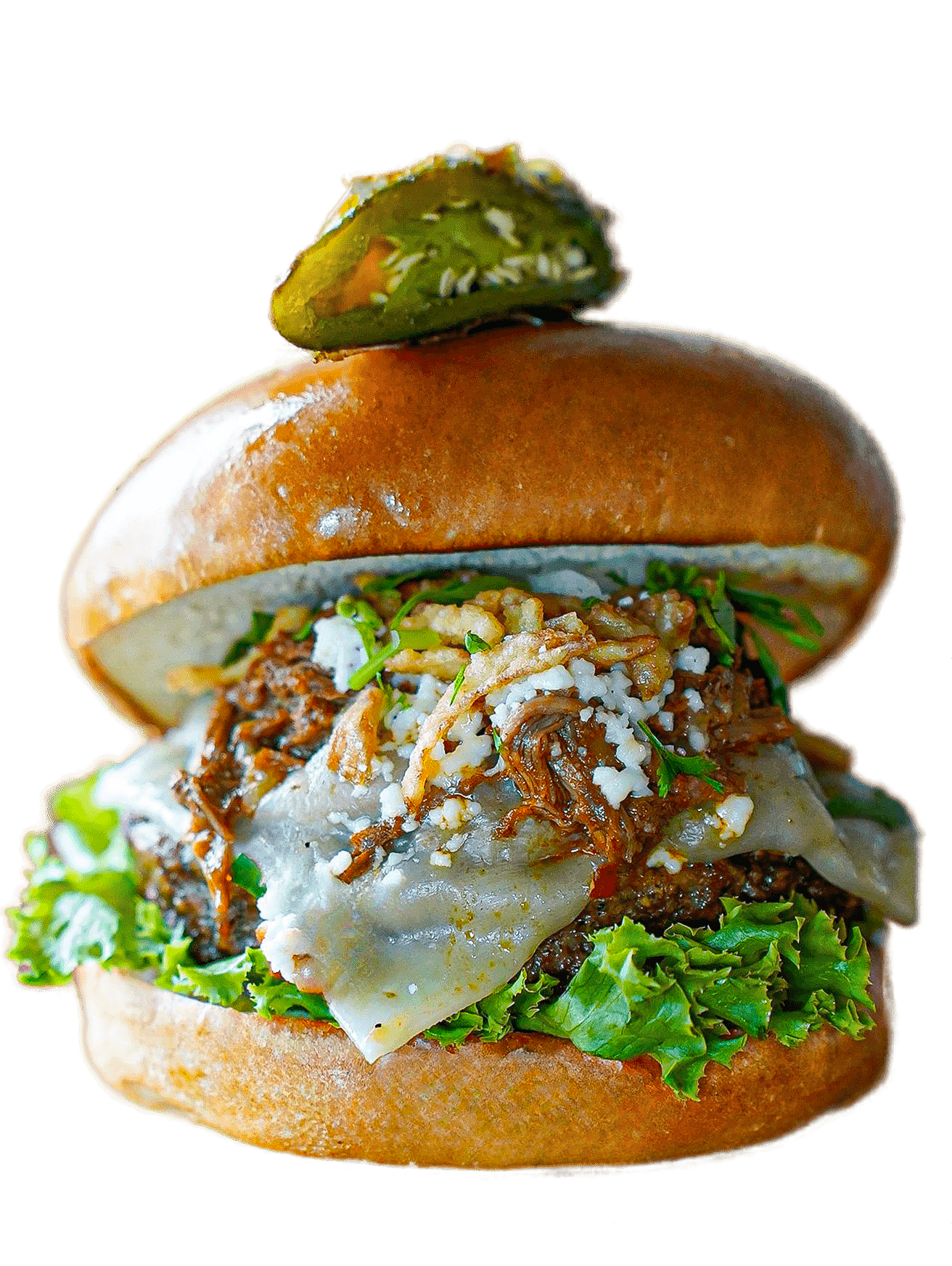 Birria Steak burger with melted cheese, crispy onions and a jalapeño on top