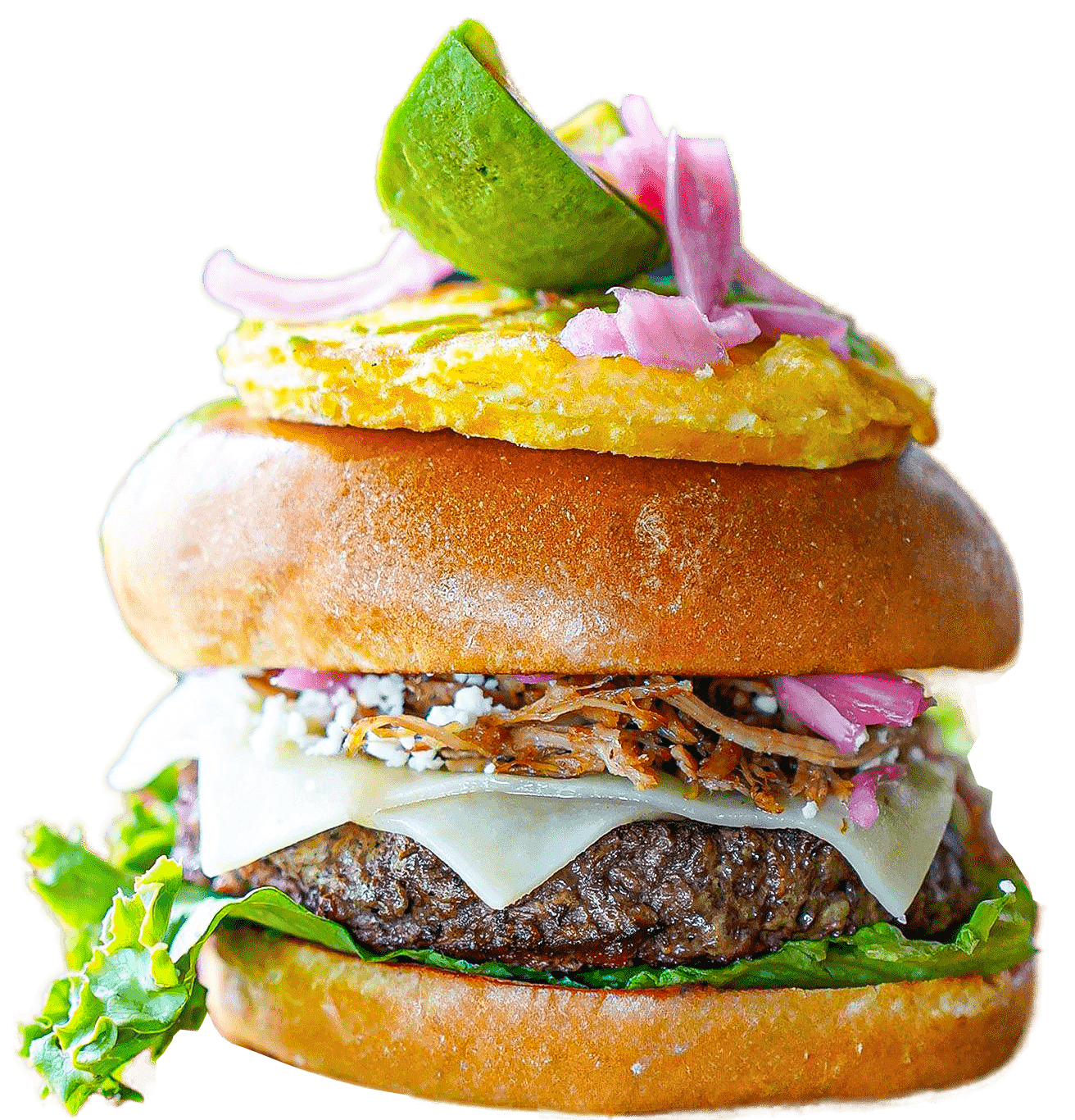Dos Amigos burger with carnitas, pickled red onion, plantain and avocado on top