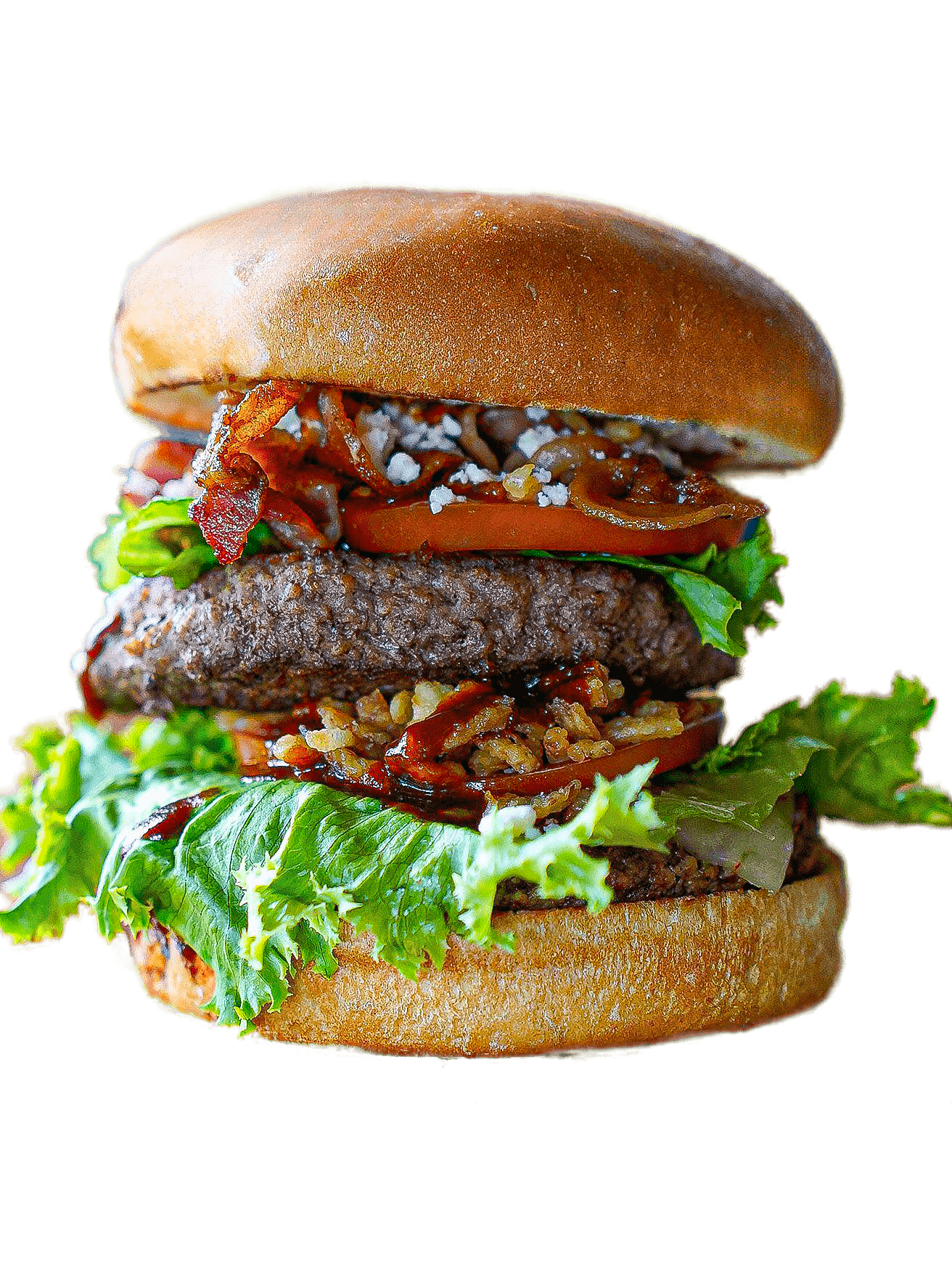 Holly Mole burger with lettuce, tomato, crispy onions and BBQ sauce