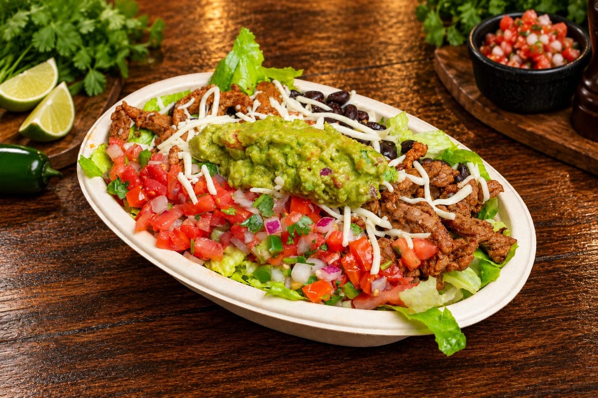 A burrito bowl with steak, guacamole, pico de gallo and cheese
