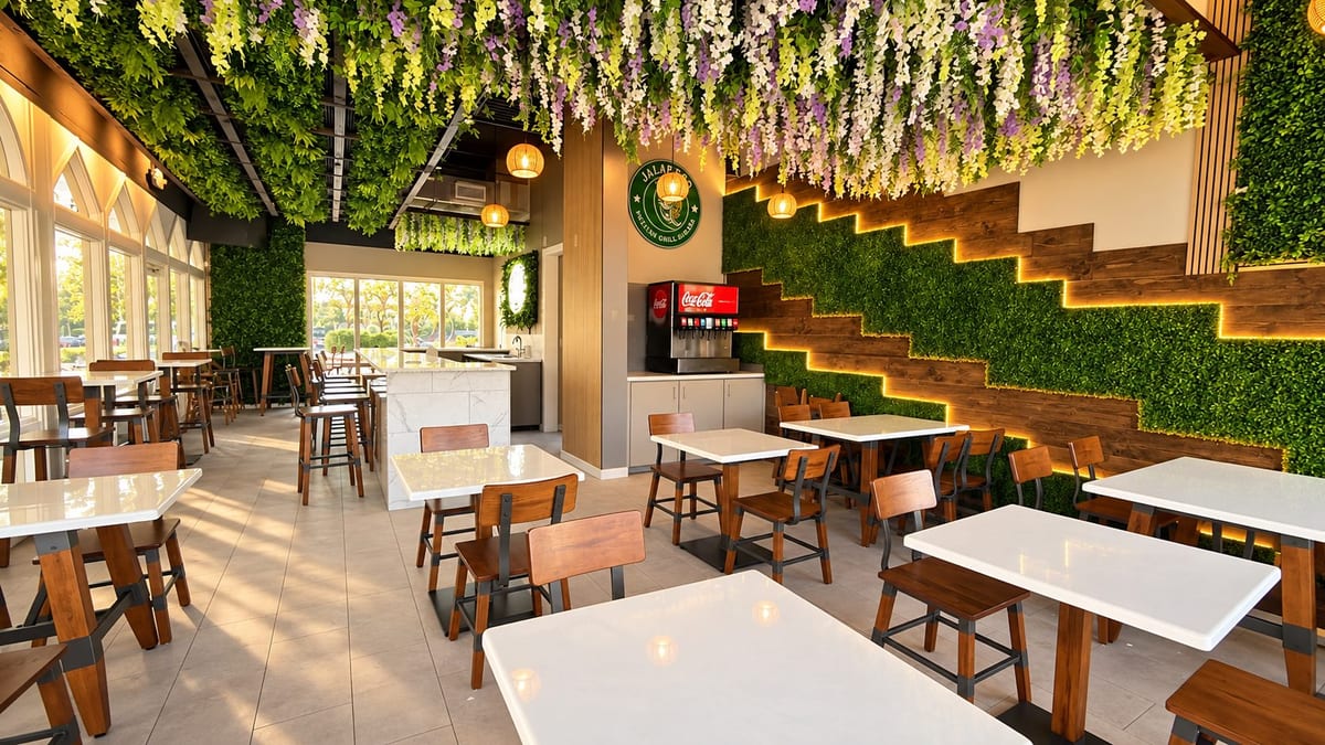 The dining room: wisteria flowers hang from the ceiling over white marble tables, a green wall lit in gold along stepped wood
