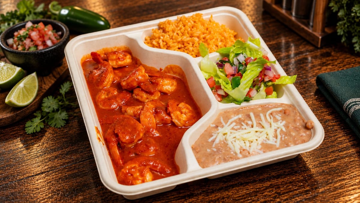 Shrimp a la diabla with rice, refried beans and salad